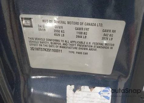 2009 Chevrolet Impala 3.5L Lt из США, поврежденный, VIN 2G1WT57K291160011